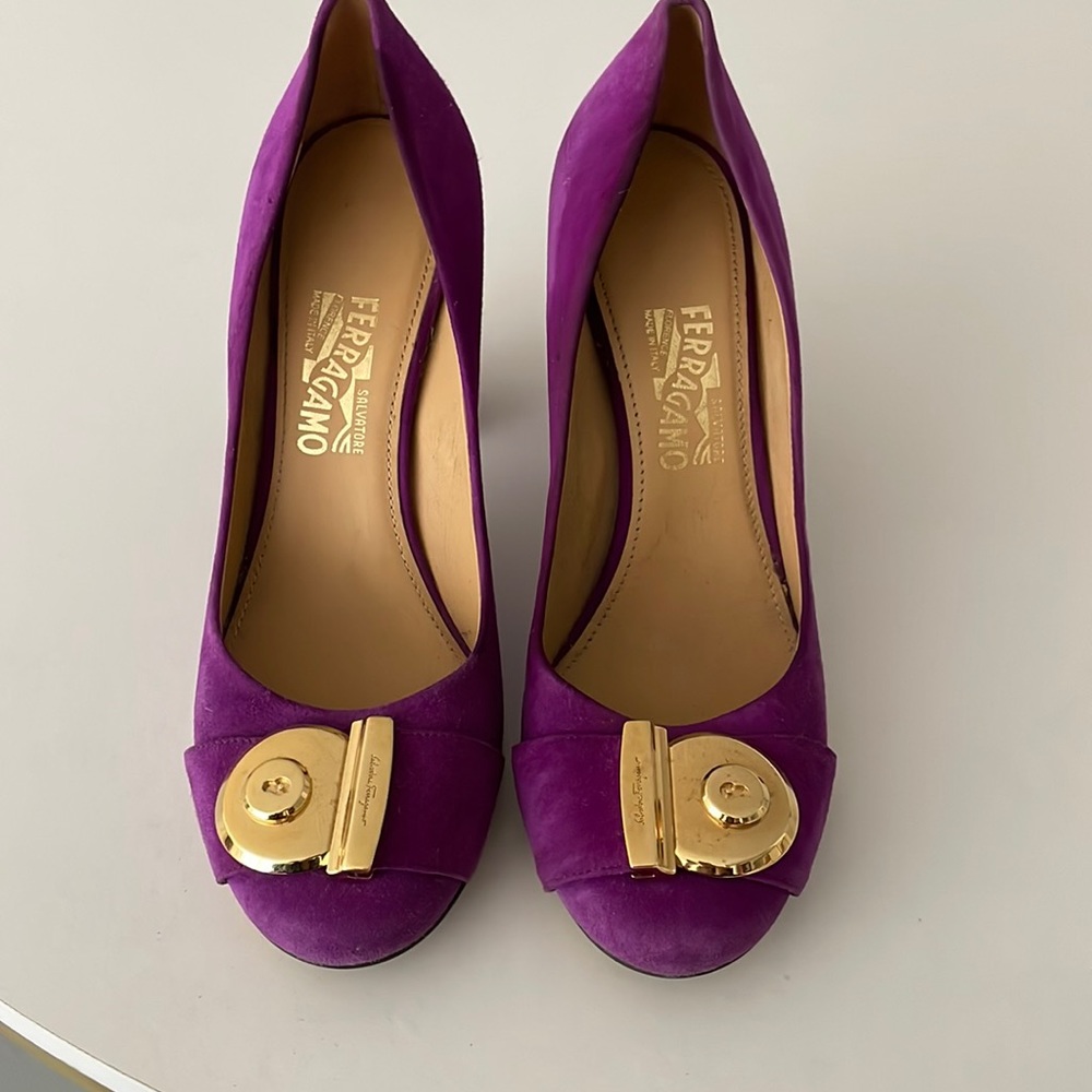 Purple and gold Ferragamo heels